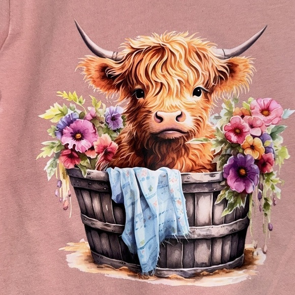 Highland cow shirt kids girly girl xs 4 5 yrs old pink cotton NEW - Picture 2 of 3